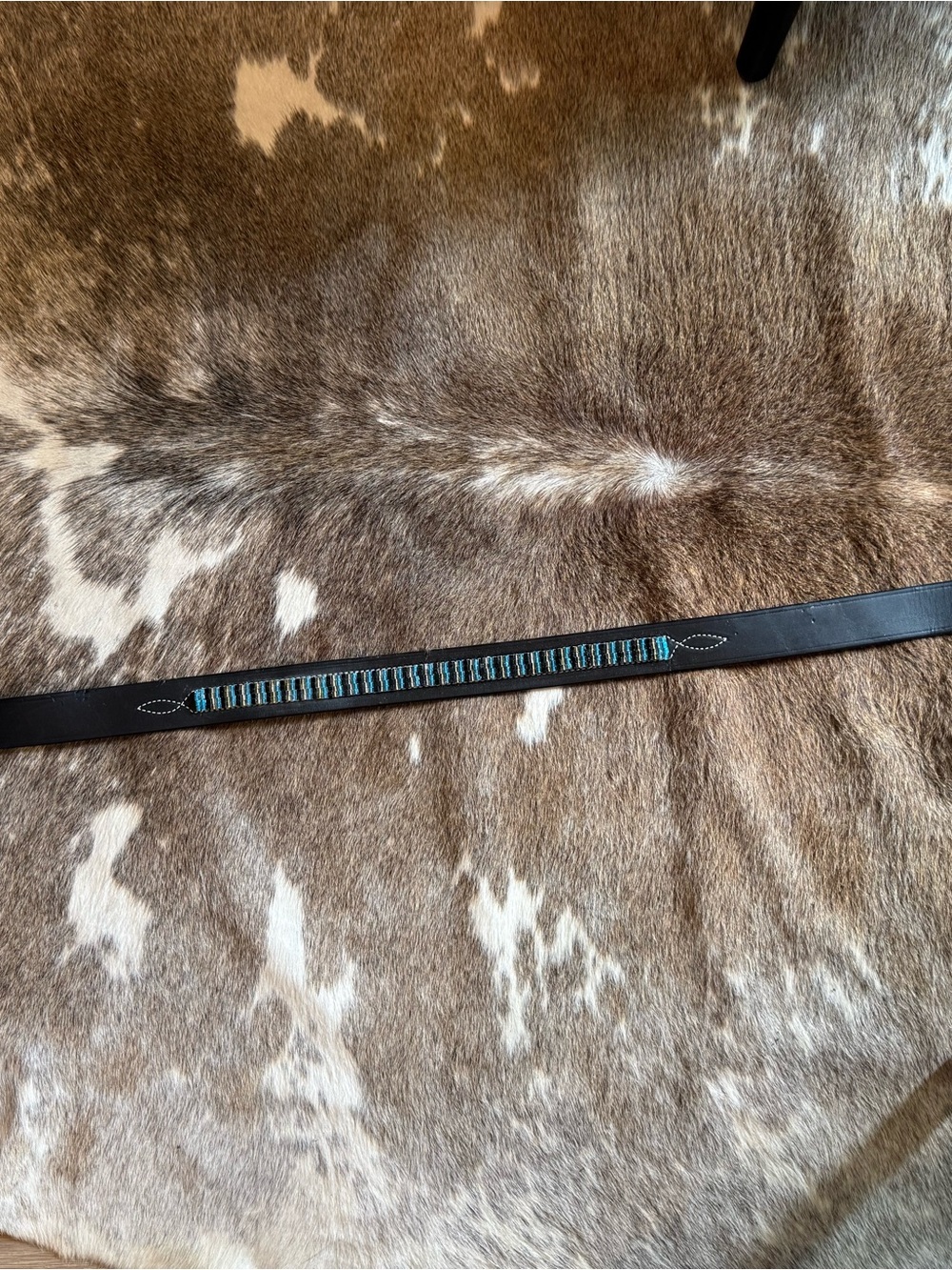 Women’s custom beaded Leather Belt with Turquoise, black and clear glass beads